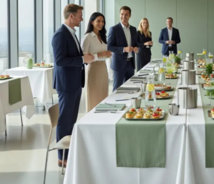 Stylowo zaaranżowany stół firmowego wydarzenia z elegancką papeterią i dekoracjami