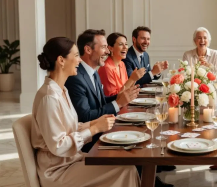 Goście śmiejący się i rozmawiający podczas eleganckiego wieczoru